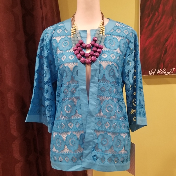 NWT Long Sleeve Open Front Embroidered Mesh Jacket - Picture 2 of 6